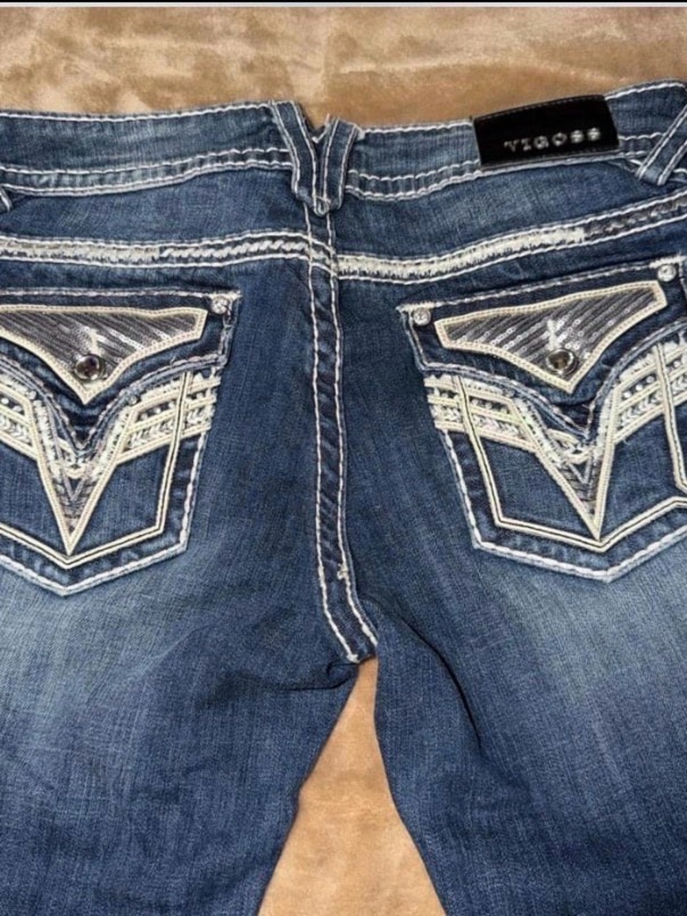 Vigoss Women's Dark Blue Boot Cut Jeans with Embroidered Pocket Details
